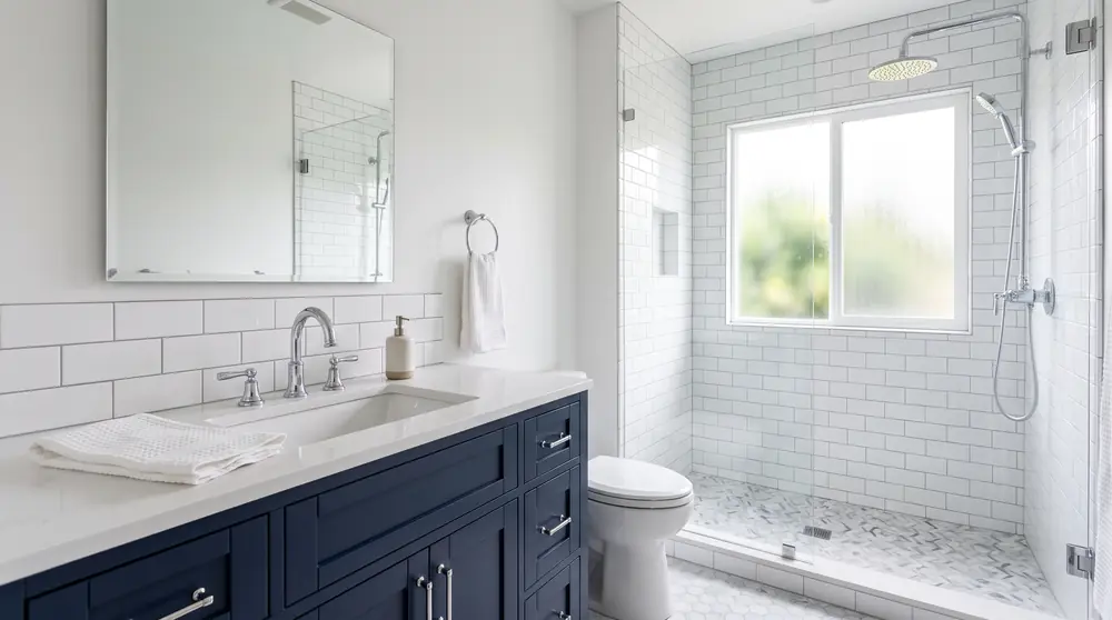 Ba&ntilde;o reci&eacute;n renovado con azulejo blanco, mueble azul marino, cubierta blanca y grifer&iacute;a cromada, con luz natural