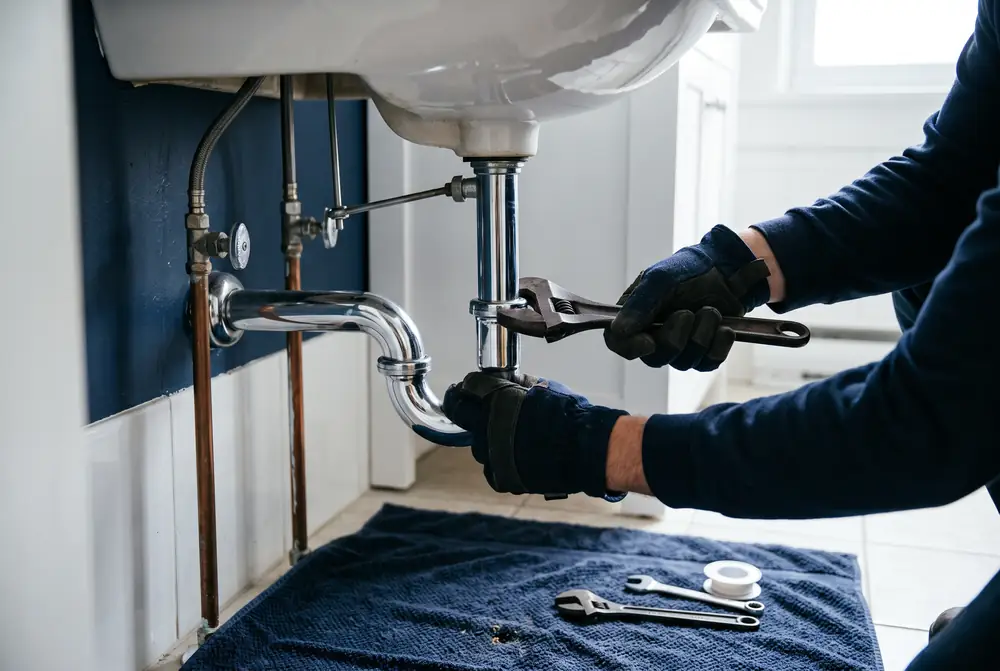 Manos de plomero con guantes apretando un sif&oacute;n cromado bajo un lavabo blanco con una llave ajustable