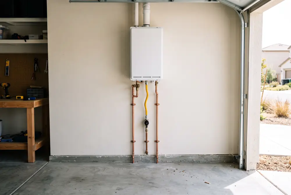 Calentador de agua sin tanque reci&eacute;n instalado en una pared limpia, con l&iacute;neas de cobre y de gas ordenadas