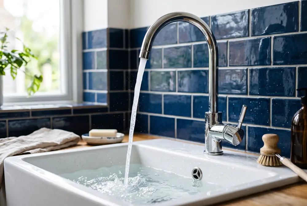 Grifo cromado de cocina con el agua corriendo sobre un fregadero blanco y azulejo azul marino